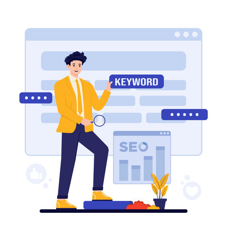 seo optimization, SEO optimization. with magnifying glass in hand. Search engine optimization concept. Vector illustration in flat styleのイラスト素材