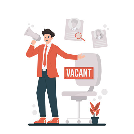 Recruitment join us Man with megaphone in hand. Hiring Process, Job Search Flat style vector illustration.のイラスト素材