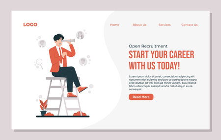 Landing page template of Recruitment join us Hiring Job Search. Man sitting on a stool and looking through binoculars.のイラスト素材