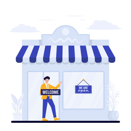 grand opening announcements Vector illustration of a man in front of a store with a sign for sale.のイラスト素材