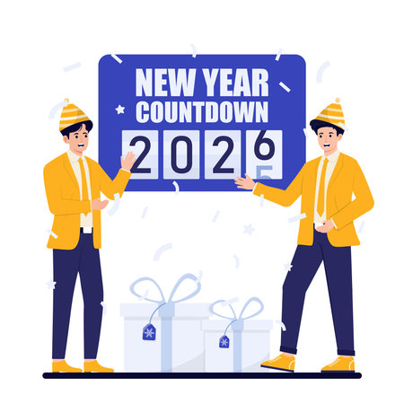 New Year 2020 celebration concept. Man and woman in winter clothes, hat and present boxes. Vector illustration in flat styleのイラスト素材