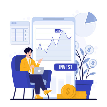 Smart investment financial growth market analysis concept vector illustration in flat style. Businessman sitting on chair and using laptop for online trading.のイラスト素材