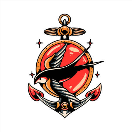 swallow and anchor tattoo illustration vector designのイラスト素材