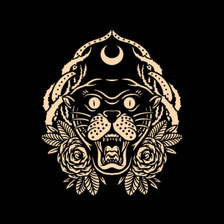panther and rose tattoo vector designのイラスト素材