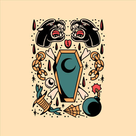 oldschool coffin tattoo set vector designのイラスト素材
