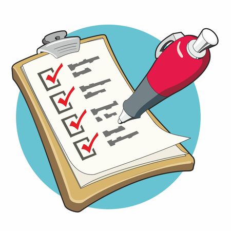 Checklist with red ballpoint pen ticking the boxes on a clipboard in stylized clip-art illustration...