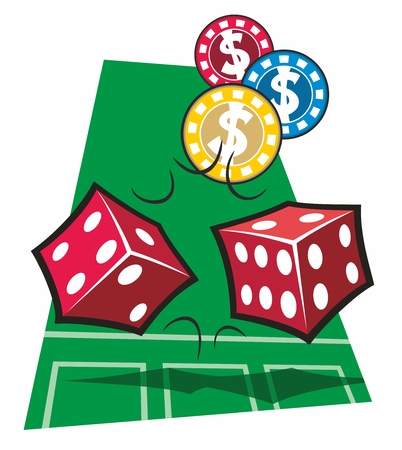 Two red dice and three casino chips tumble over a stylized representation of a craps table in a cartoon vector illustration.のイラスト素材