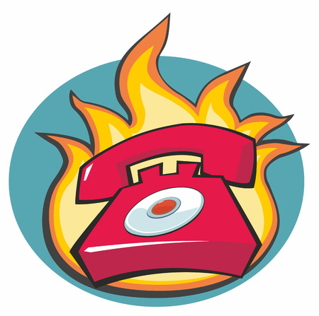 Red otline phone cartoon with flames behindのイラスト素材