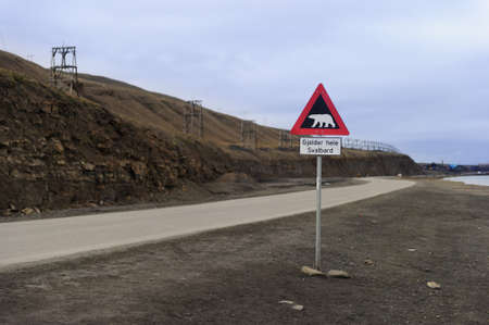 Polar bear warning sign, Longyearbyena, Svalbard, Norwayの写真素材