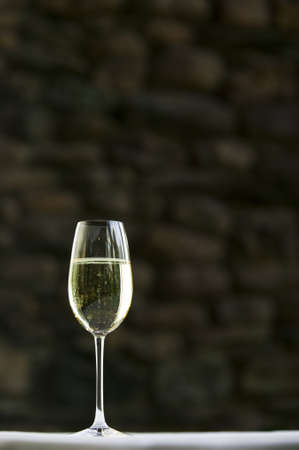 A single glass of whitewine against a stone wall の写真素材