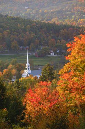 Fall Foliage and the Stowe Community Church, Stowe, Vermont, USAの写真素材