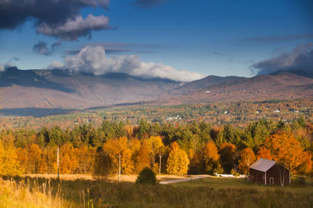 Fall foliage landscape with Mt  Mansfield in the background, Stowe, Vermont, USAの写真素材