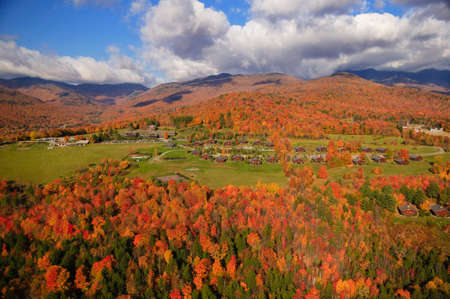 Aerial view of fall foliage including Trapp Family Lodge, Stowe, Vermont, USAの写真素材