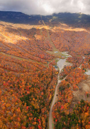 Aerial view of ski trails during fall foliage, Stowe, Vermont, USAの写真素材
