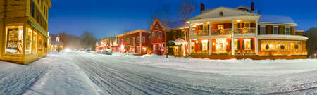 Digitally enhanced winter panorama of downtown new england village, Stowe, Vermont, USAのeditorial素材