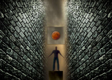 Digitally created man and a red moon caught between between two brick walls.の写真素材