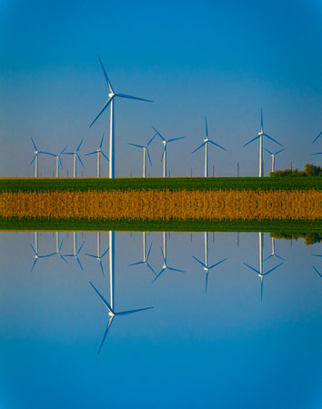 Large wind turbine farm against a blue sky at sunset, Dexter, Minnesota, USAの写真素材