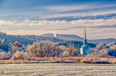 Town of Stowe Vermont village on a frosty autumn New England morningの写真素材