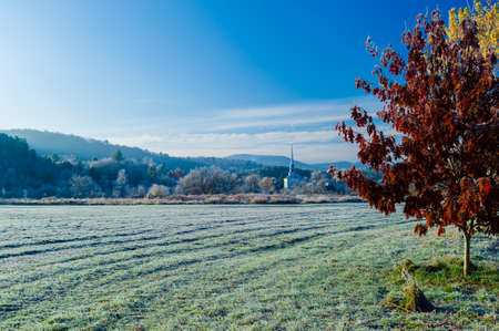 Stowe Community Church on a cold frosty fall morning in Stowe Vermont USAの写真素材