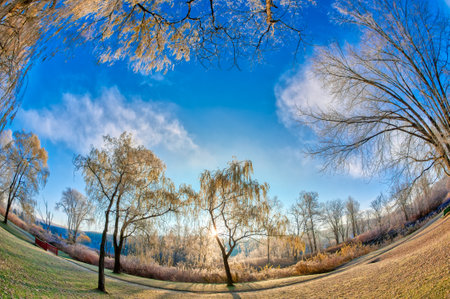 Stowe Recreation Path on a cold frosty autumn morning in Stowe Vermont USAの写真素材