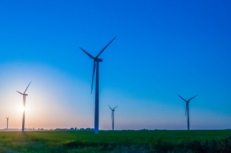 A corn field with large wind turbines against a blue sky at sunset, Dexter, Minnesota, USA