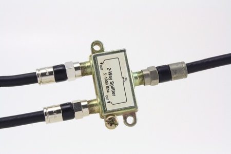 2-way splitter for cabe TV or internet with cablesの写真素材