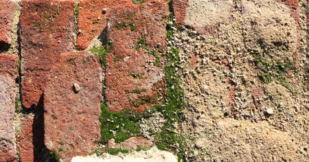 old damaged wall with red bricks, concrete and moss background textureの写真素材