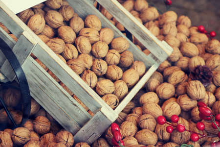 many closed walnuts in a car with red berries - christmas food background compositionの写真素材
