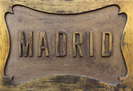 Madrid golden metal plate ornated with the letters of the capital city of Spainの写真素材