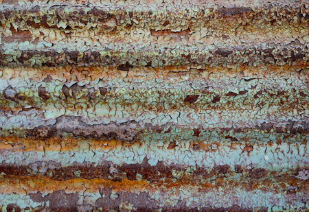 weathered rusty corrugated metal plank with chipped painting- creepy steampunk background with...