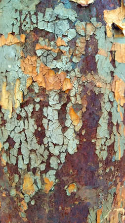 colorful chipped painting from a rusty and weathered metal surface with orange and turquoise oxide tones - vertical abstract background for a textured wallpaperの写真素材