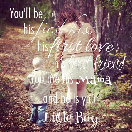 instagram of young mother walking with son in forest with filter with typographyの写真素材