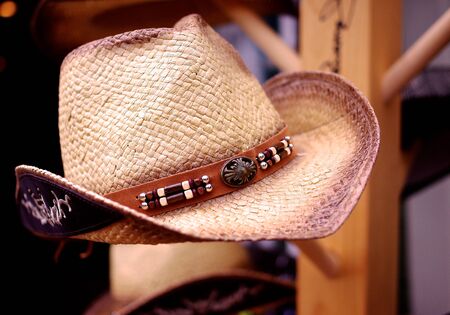 A Straw Cowboy Hat on Displayの写真素材