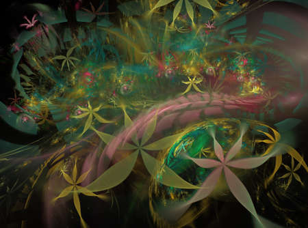 An abstract computer generated modern fractal design on dark background. Abstract fractal color texture. Digital art. Abstract Form & Colors. Abstract fractal element pattern for your design. The floral universe. Flowers in the bubblesの写真素材