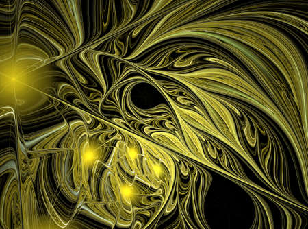 An abstract computer generated modern fractal design on dark background. Abstract fractal color texture. Digital art. Abstract Form & Colors. Yellow floral ornament. Convex textured background with soft shade with oil color techniques.の写真素材