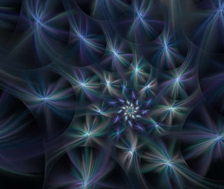 An abstract computer generated modern fractal design on dark background. Abstract fractal color texture. Digital art. Abstract Form & Colors. Fluffy spiral of stars with glowing raysの写真素材