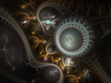 An abstract computer generated modern fractal design on dark background. Abstract fractal color texture. Digital art. Abstract Form & Colors. Abstract fractal element pattern for your design. Steampunk. Time machineの写真素材
