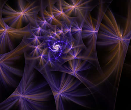 An abstract computer generated modern fractal design on dark background. Abstract fractal color texture. Digital art. Abstract Form & Colors. Fluffy spiral of stars with glowing raysの写真素材