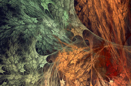 An abstract computer generated modern fractal design on dark background. Abstract fractal color texture. Digital art. Abstract Form & Colors. The leaves of the autumn forestの写真素材