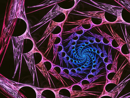 An abstract computer generated modern fractal design on dark background. Abstract fractal color texture. Digital art. Abstract Form & Colors. Abstract fractal element pattern for your design. Technological spiral with holes and thornsの写真素材