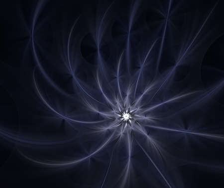 An abstract computer generated modern fractal design on dark background. Abstract fractal color texture. Digital art. Abstract Form & Colors. Vortex star with rays of lightの写真素材