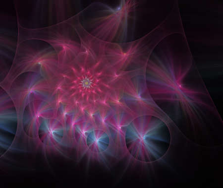 An abstract computer generated modern fractal design on dark background. Abstract fractal color texture. Digital art. Abstract Form & Colors. Fluffy spiral of stars with glowing raysの写真素材