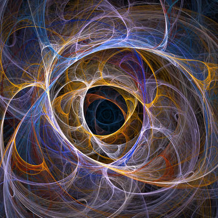 An abstract computer generated modern fractal design on dark background. Abstract fractal color texture. Digital art. Abstract Form & Colors. Computer-generated fractal abstraction of glowing tunnelの写真素材