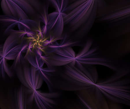An abstract computer generated modern fractal design on dark background. Abstract fractal color texture. Digital art. Abstract Form & Colors. Orange and purple star in the darkness of spaceの写真素材