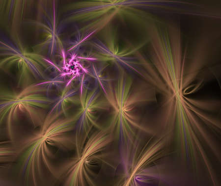 An abstract computer generated modern fractal design on dark background. Abstract fractal color texture. Digital art. Abstract Form & Colors. Fluffy spiral of stars with glowing raysの写真素材