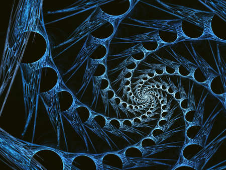 An abstract computer generated modern fractal design on dark background. Abstract fractal color texture. Digital art. Abstract Form & Colors. Abstract fractal element pattern for your design. Blue technological spiral with black holes and thornsの写真素材
