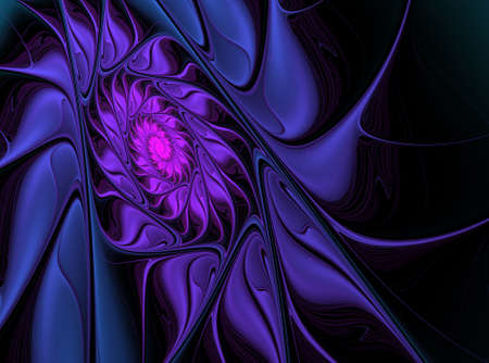 An abstract computer generated modern fractal design on dark background. Abstract fractal color texture. Digital art. Abstract Form & Colors. Blue twisted spiral flowerの写真素材