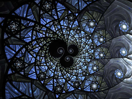 Spiral mosaic fractal pattern. Floral mosaic stain glass composition in blue