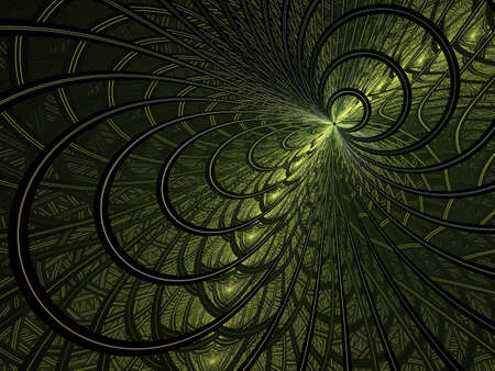 Fractal virtual grid on a black background. Abstract illuminated, thin, curving, woven pattern for creative art design. Computer generated fractal. Spiral digital graphic composition.の写真素材