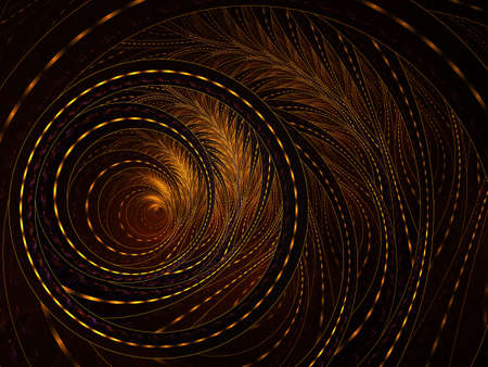 Fluffy helix. Spiral floral pattern, graphic composition.. An abstract computer generated modern fractal design on dark background. Illuminated, thin, curving, woven pattern for creative art.の写真素材